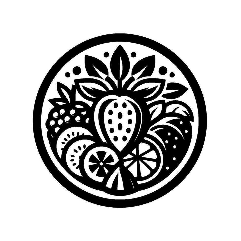 A symmetrical black and white circular emblem featuring stylized illustrations of strawberry, citrus slices, grapes, and leaves, evoking freshness. vector