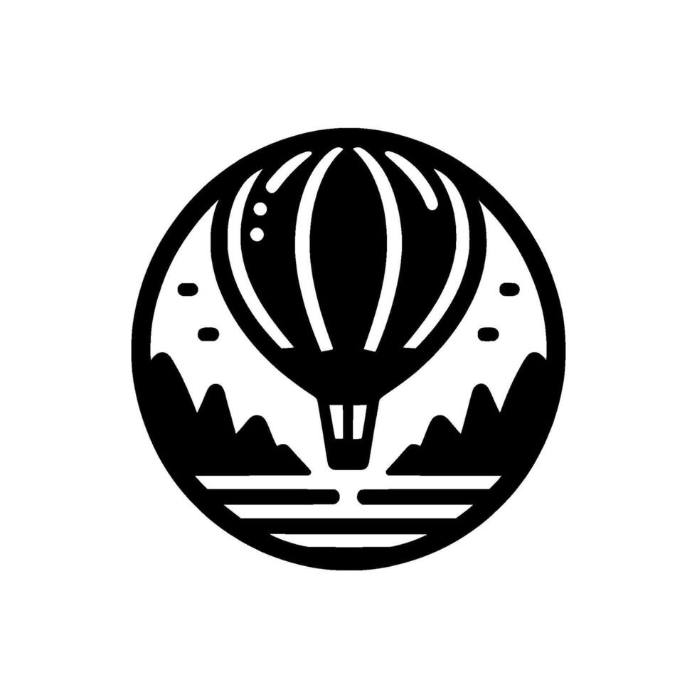 Black and white minimalist circular emblem depicting a hot air balloon rising above stylized mountains and water, in a serene, simple . vector