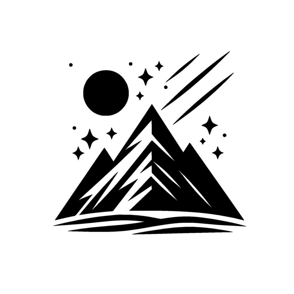 Black and White Mountain Silhouette with Celestial Elements Moon, Stars, and Shooting Stars Depicted in a Clean, Geometric Style. vector