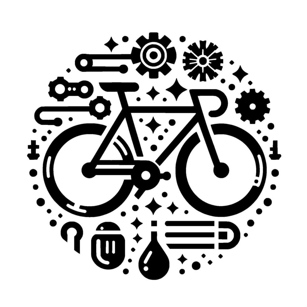 Abstract Black and White Bicycle Illustration with Gear, Stars, and Accessories, Circular Composition vector
