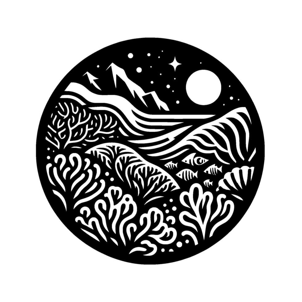 Monochrome circular landscape illustration depicting mountains, ocean, marine life, foliage, moon, stars, and night sky in simplified black and white. vector