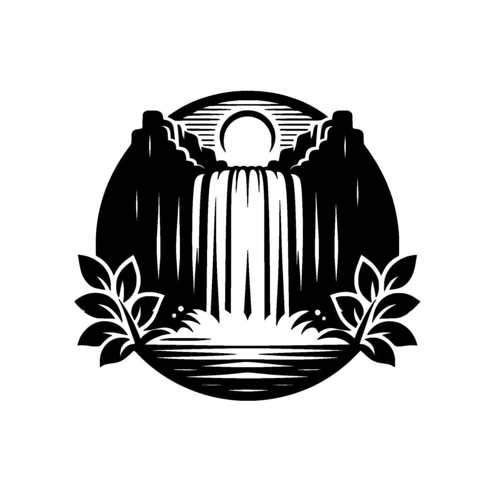 A monochrome nature illustration depicting a circular waterfall scene with the sun, mountains, flowing water and leaves. vector
