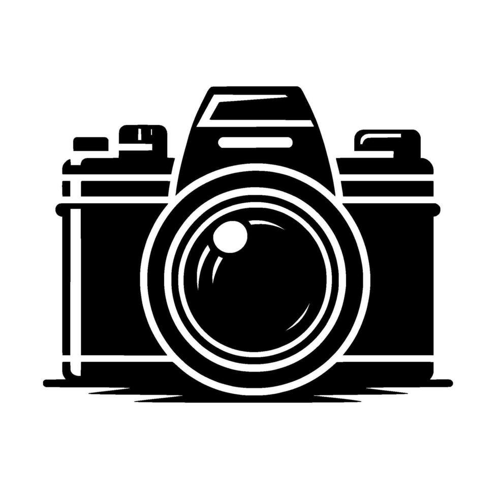 Bold Black and White Illustration of a Classic Analog Camera, Isolated on White Background, Showing Lens and Body Details. vector