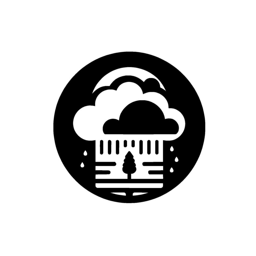 Minimalist Black and White Circular Rain Cloud, Tree, and Weather Elements Illustrating Stormy Outdoors. vector