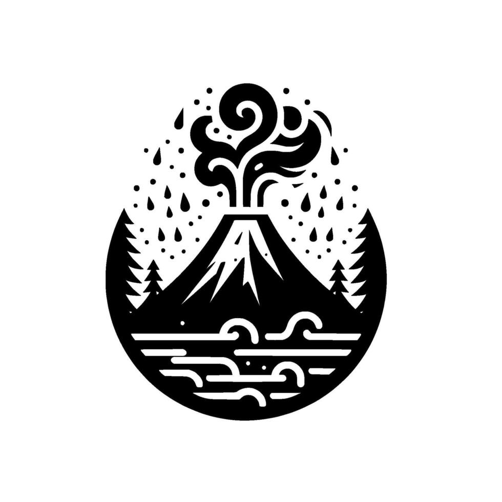 Stylized Black and White Volcano Erupting with Smoke, Rain, Forest, and Water in an Oval Composition. vector