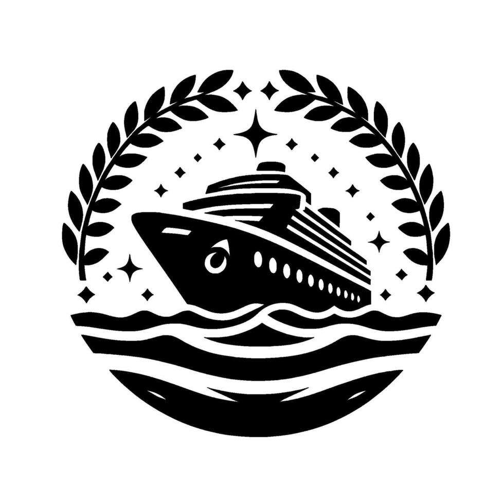 Black and white nautical emblem featuring a cruise ship, surrounded by a laurel wreath, stars, and ocean waves, depicting luxury travel. vector