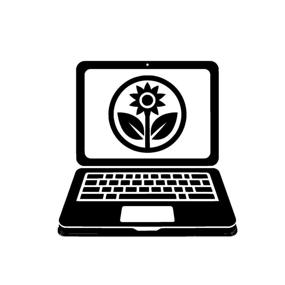 Minimalist Laptop Displaying a Floral Emblem, Modern Black and White Tech . vector