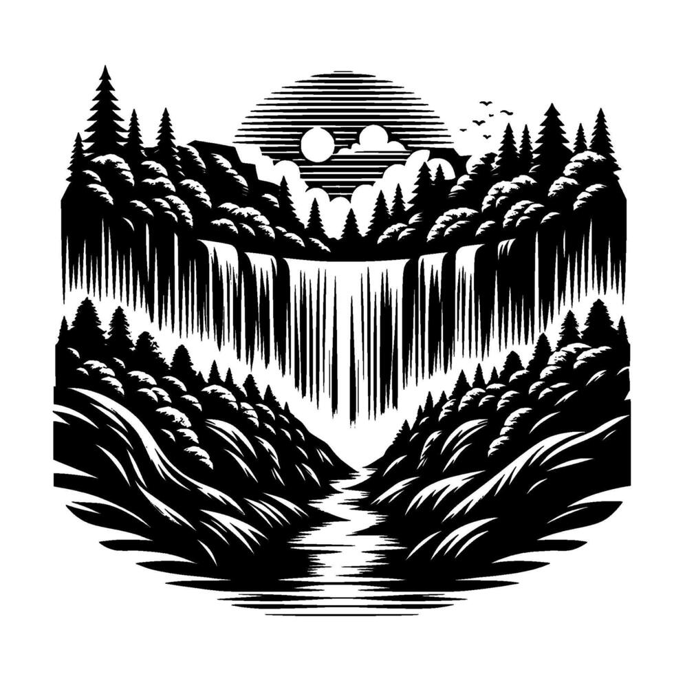 Black and White Engraving of a Majestic Waterfall Cascading Between Forested Mountains Under a Lined Sun with Birds. vector