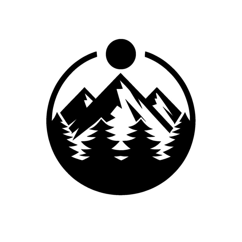 Black and White Circular Emblem Mountain Peaks, Pine Trees, and Sun, Representing Nature and Outdoor Adventure, Minimalist . vector