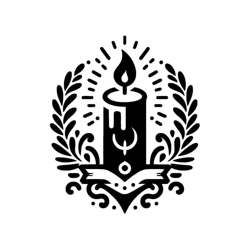 Monochromatic, Intricate Candle Illustration with Floral Wreath and Stylized Details, Evoking a Sense of Calm and Spirituality. vector