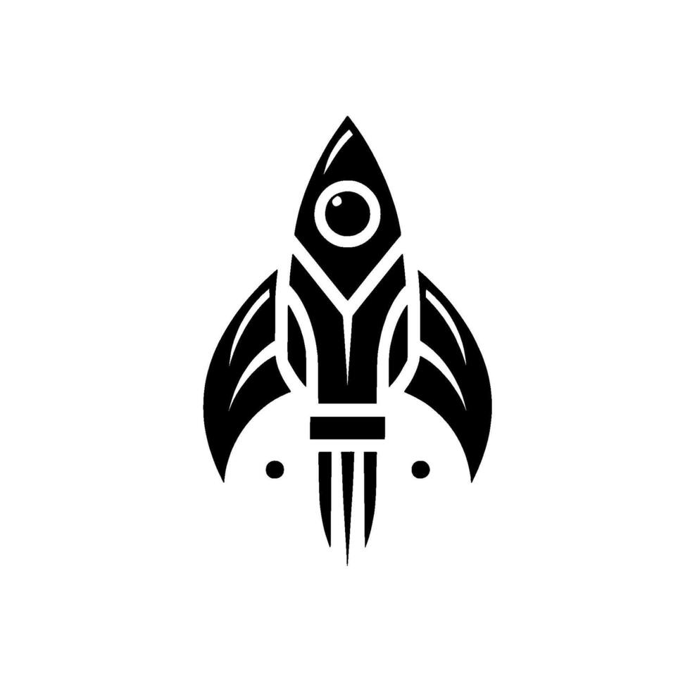 Black and white minimalist featuring a stylized rocket ship with a central eye and upward thrust flames. vector