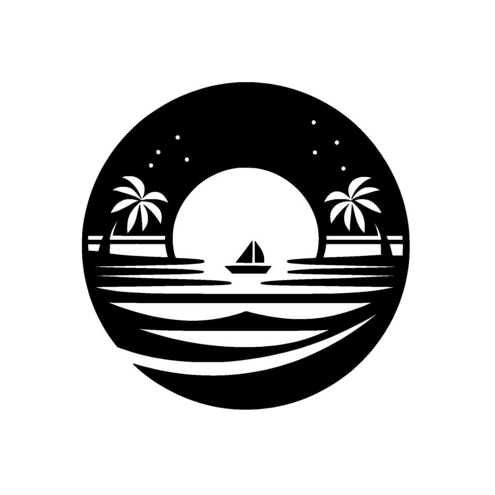 Silhouette of Tropical Scene Sunset over Ocean with Sailboat, Palm Trees, Stars, and Waves Inside a Circle. vector