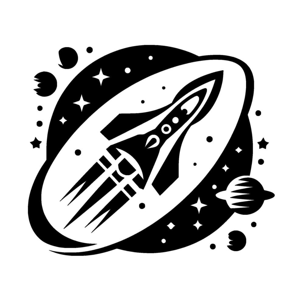 Black White Space Illustration Stylized Rocket Ship Orbiting an Elliptical Ring with Planets, Stars, and Cosmic Details. vector