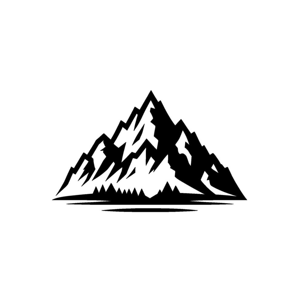 Bold Black White Mountain Silhouette with Jagged Peaks, Reflecting in Water, Minimalist on White Background. vector