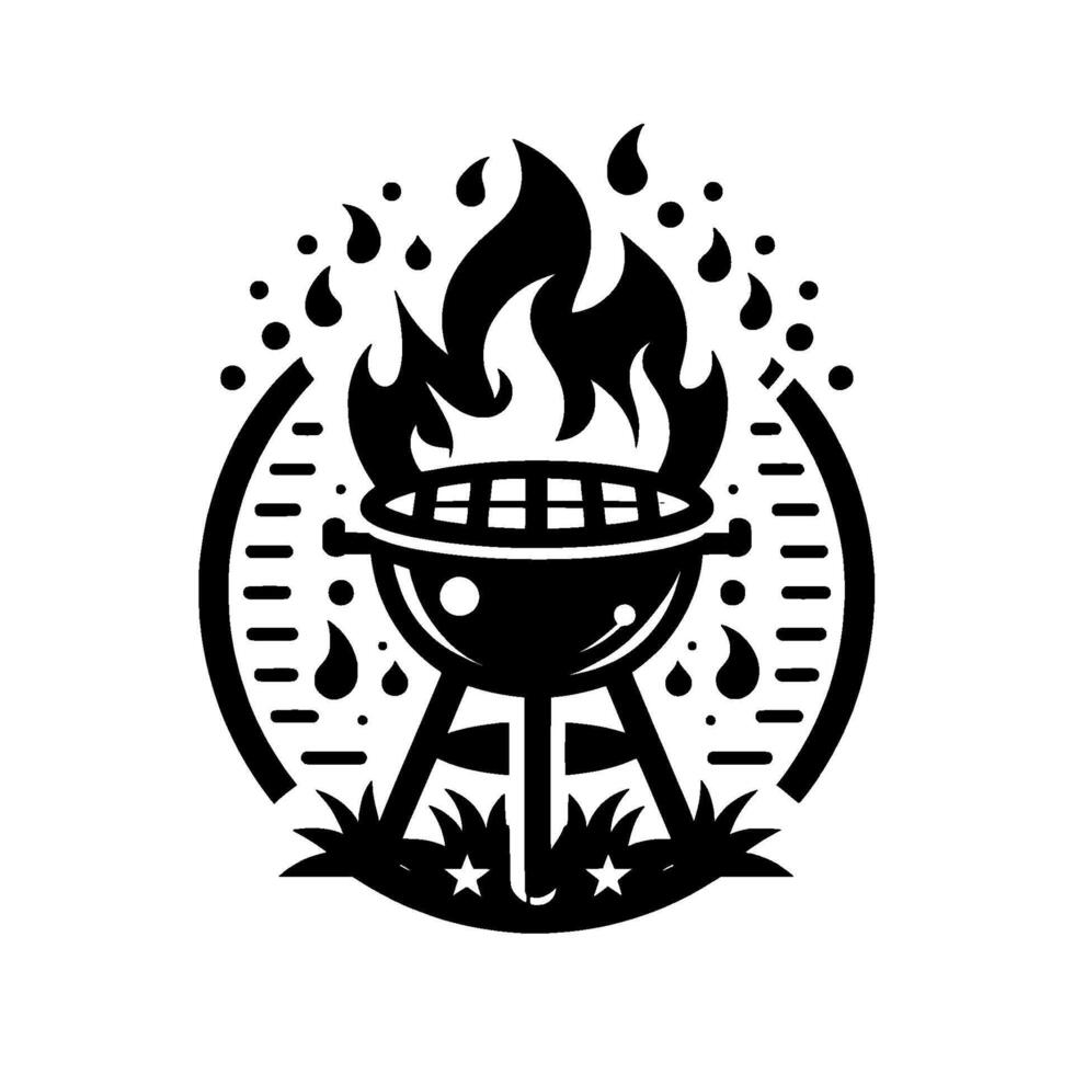 Monochrome Circle BBQ Illustration Featuring Grilling Flames, Food, Grass, Star Decorations, and a Stylized Grilling Scene. vector