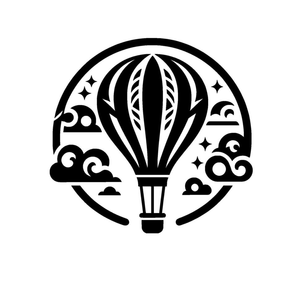 Stylized Black and White Hot Air Balloon Illustration within a Circle with Clouds and Stars, Suitable for Logos or Designs. vector