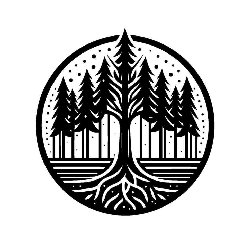 Black and White Circular Emblem A Forest Silhouette with Roots and Trees within a Decorative Border, Evoking Natures Tranquility. vector