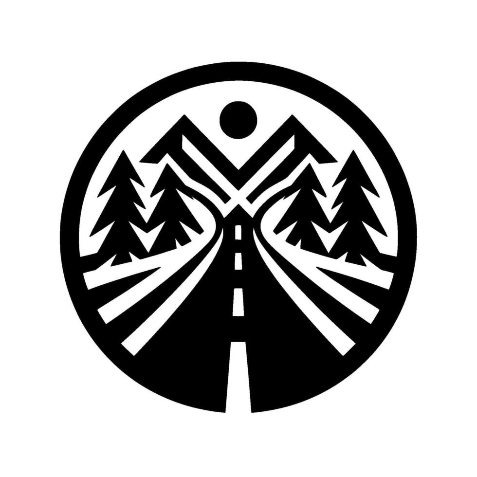 Circular Monochrome Emblem Highway Through Mountains and Pine Forest with Sun vector