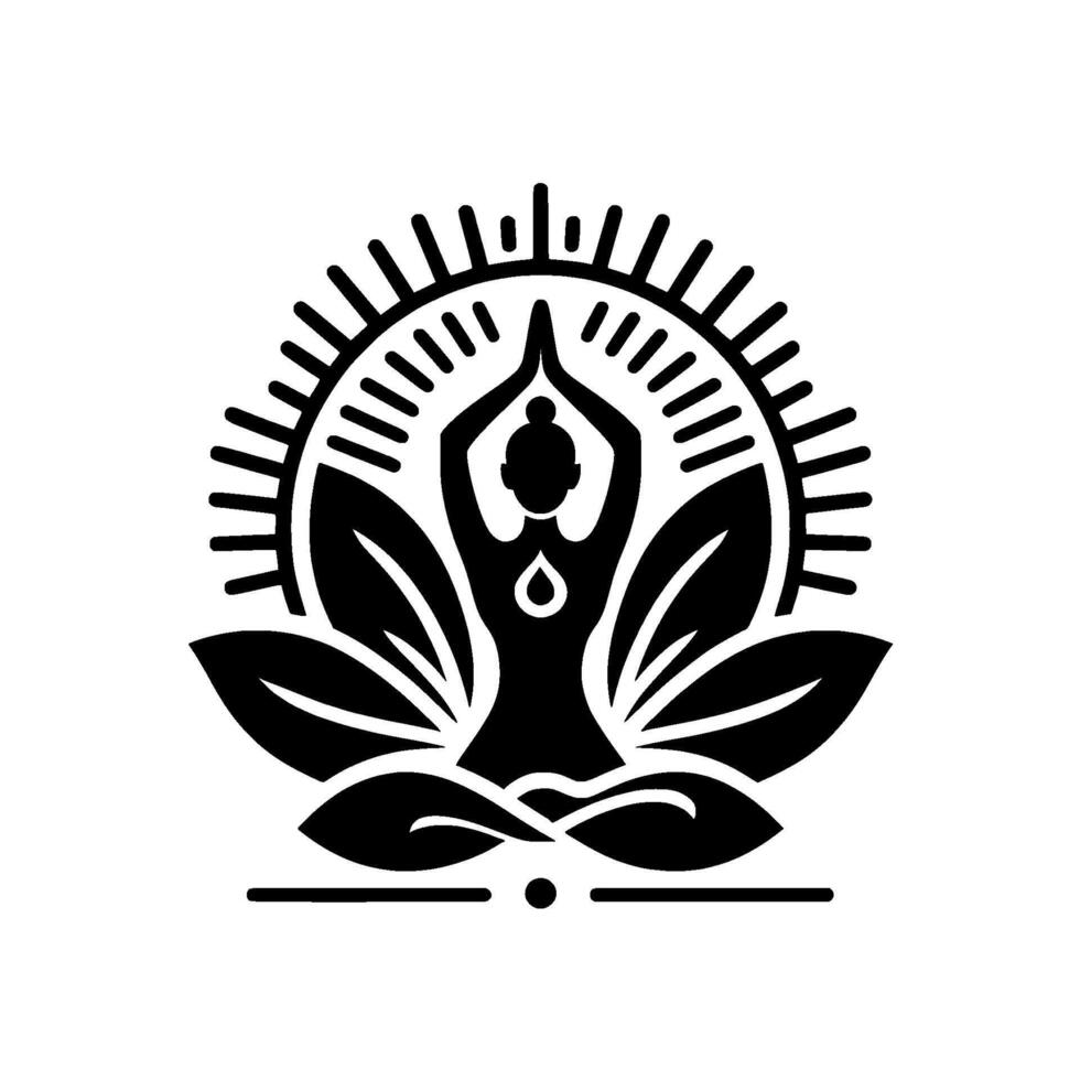 Serene black and white illustration featuring a yogi in lotus pose with arms raised, radiating light and surrounded by leaves. vector