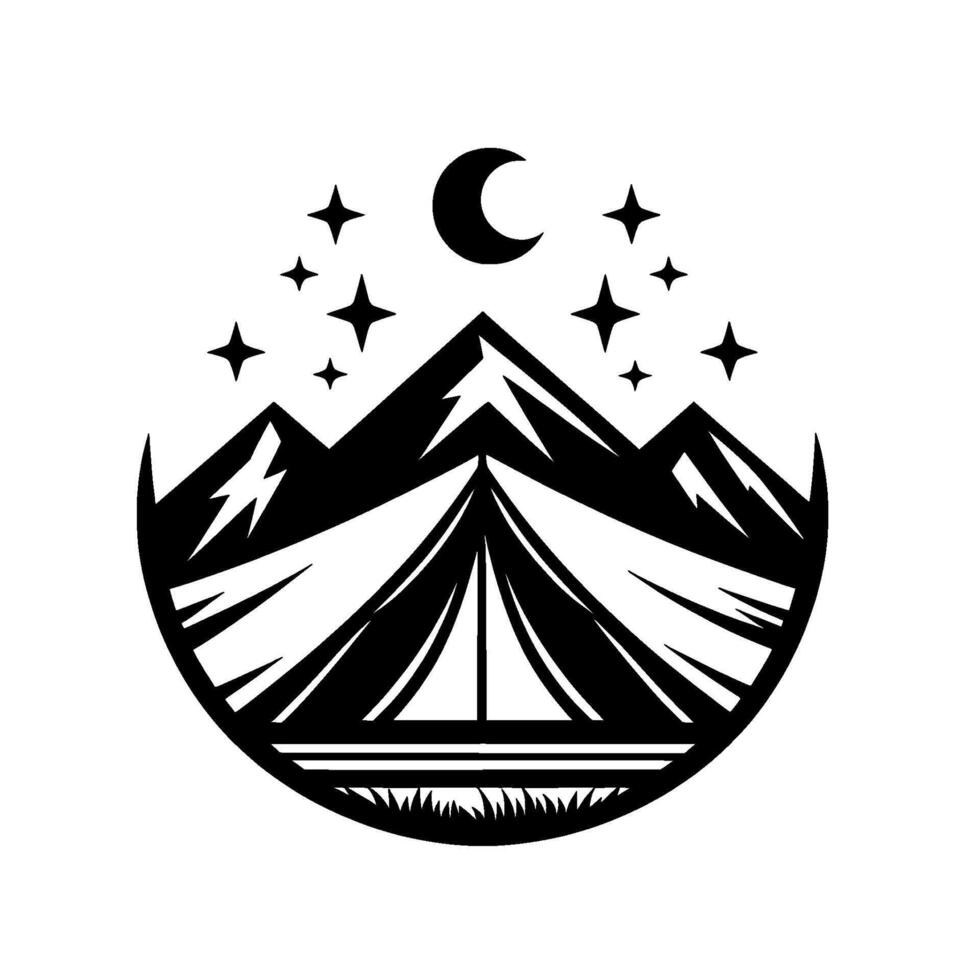 Stylized Black and White Illustration of a Campsite Under a Crescent Moon and Starry Night Sky Enclosed in a Circle. vector