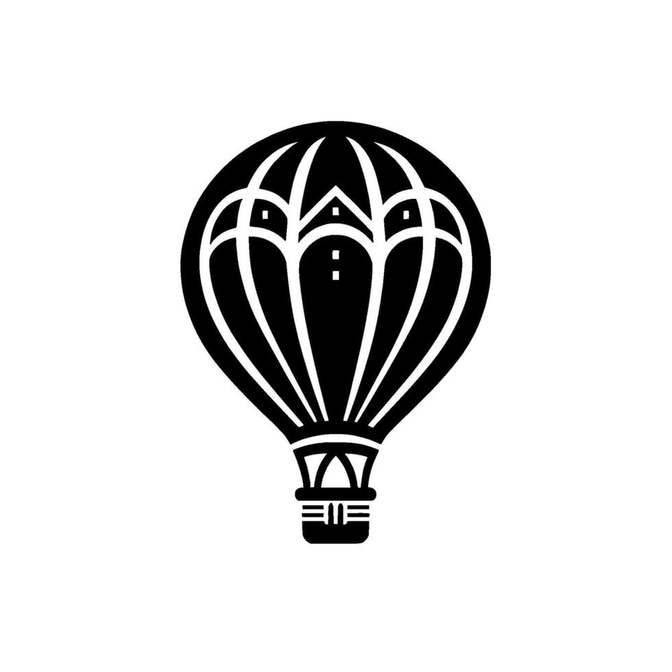 A minimalist black and white hot air balloon , centered on a plain white background, featuring a simplified geometric . vector