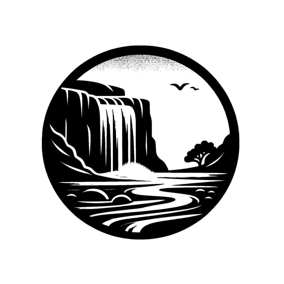 A stylized, monochromatic landscape framed by a circle. A majestic waterfall cascades into a winding river, flanked by a tree, and birds in the sky. vector