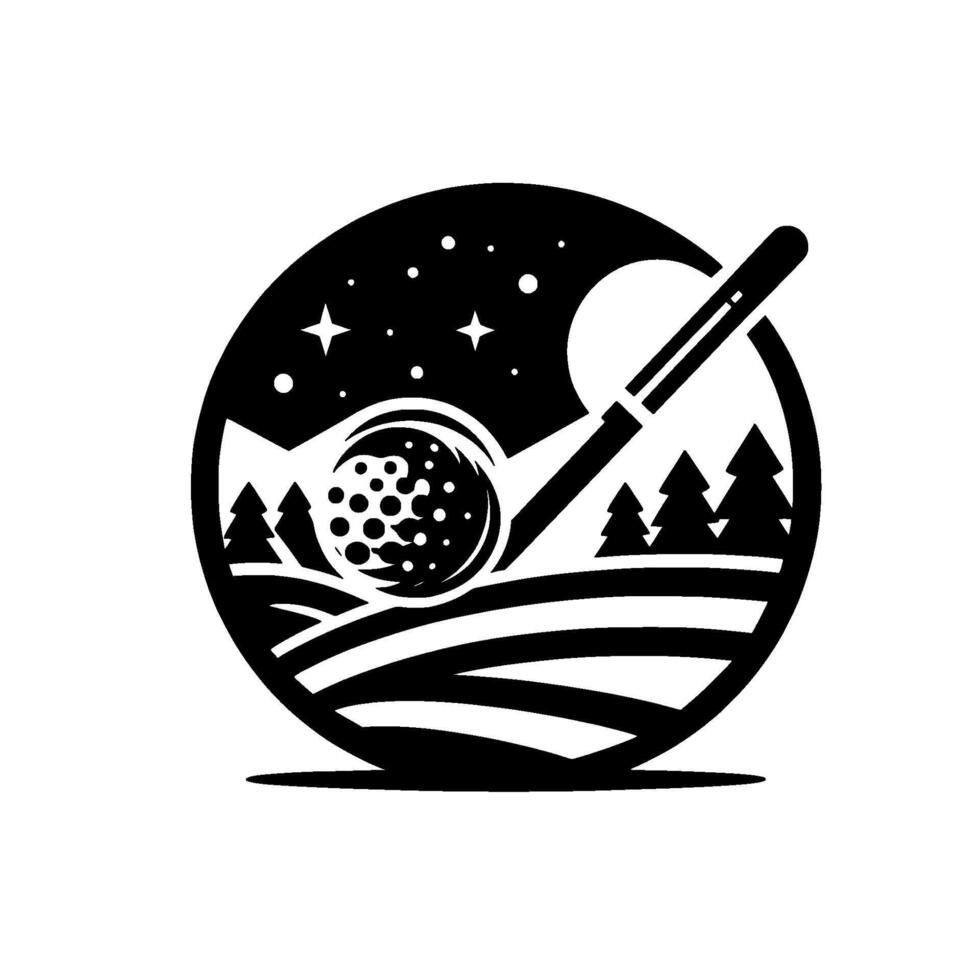 Silhouette Golf Scene Nighttime Round with Stars, Moon, Tee, Trees, and Golf Ball within a Circle. vector