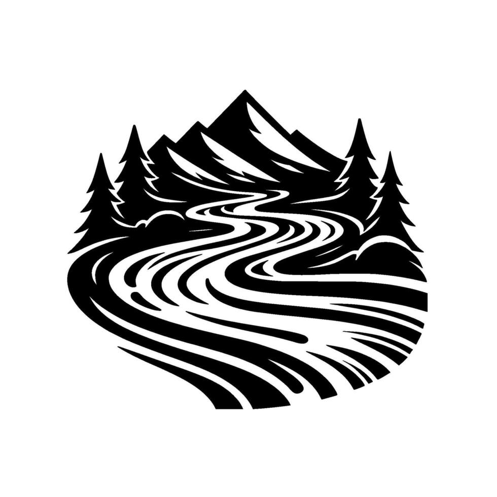 Serene Black and White Landscape Mountain, River, and Forest Silhouette. Flowing river meanders between mountains and trees. A depicting natural beauty. vector