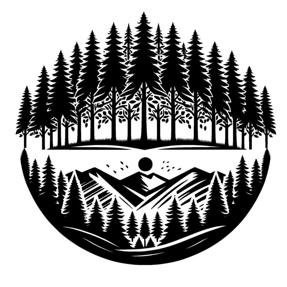 Black and white circular nature silhouette featuring a forest landscape, mountains, trees, sun, and minimalist . vector