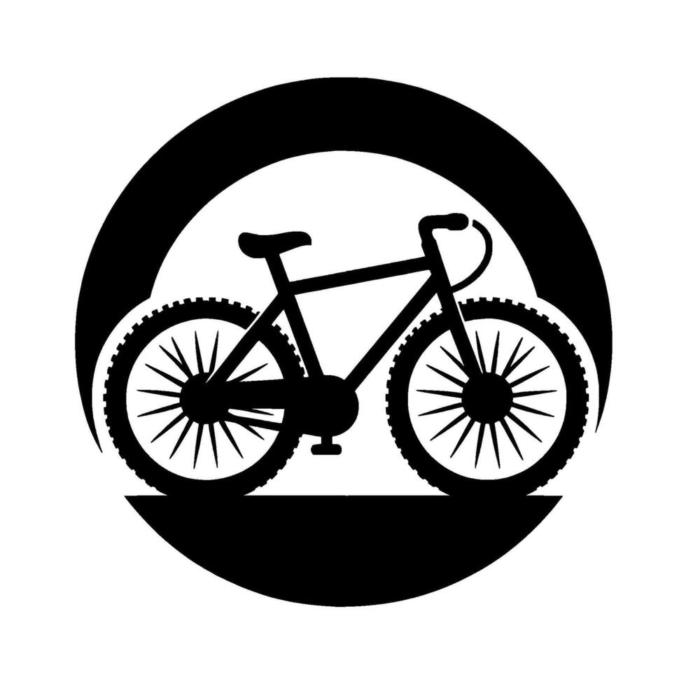 A bold, minimalist black silhouette of a mountain bike enclosed within a thick circular frame, set against a pristine white backdrop. vector