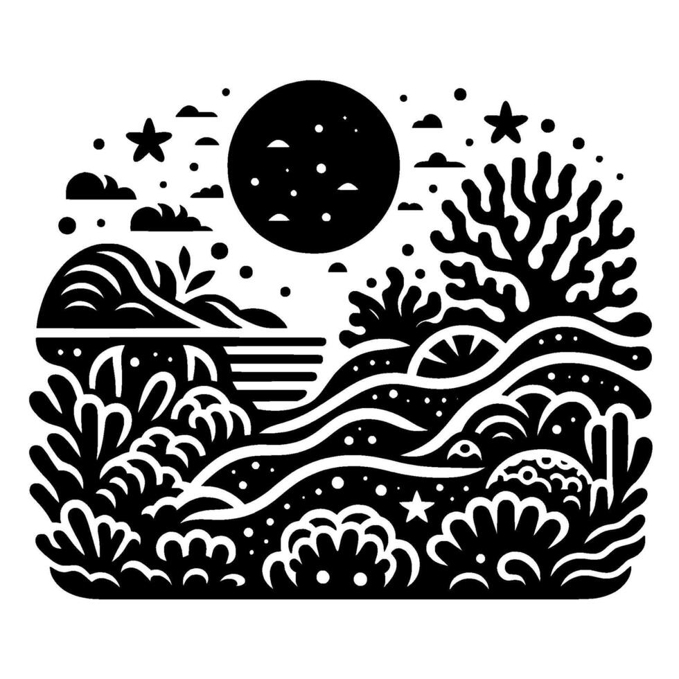 Stylized Black White Illustration Moonlit Seascape Featuring Coral Reefs, Waves, and Celestial Elements. vector