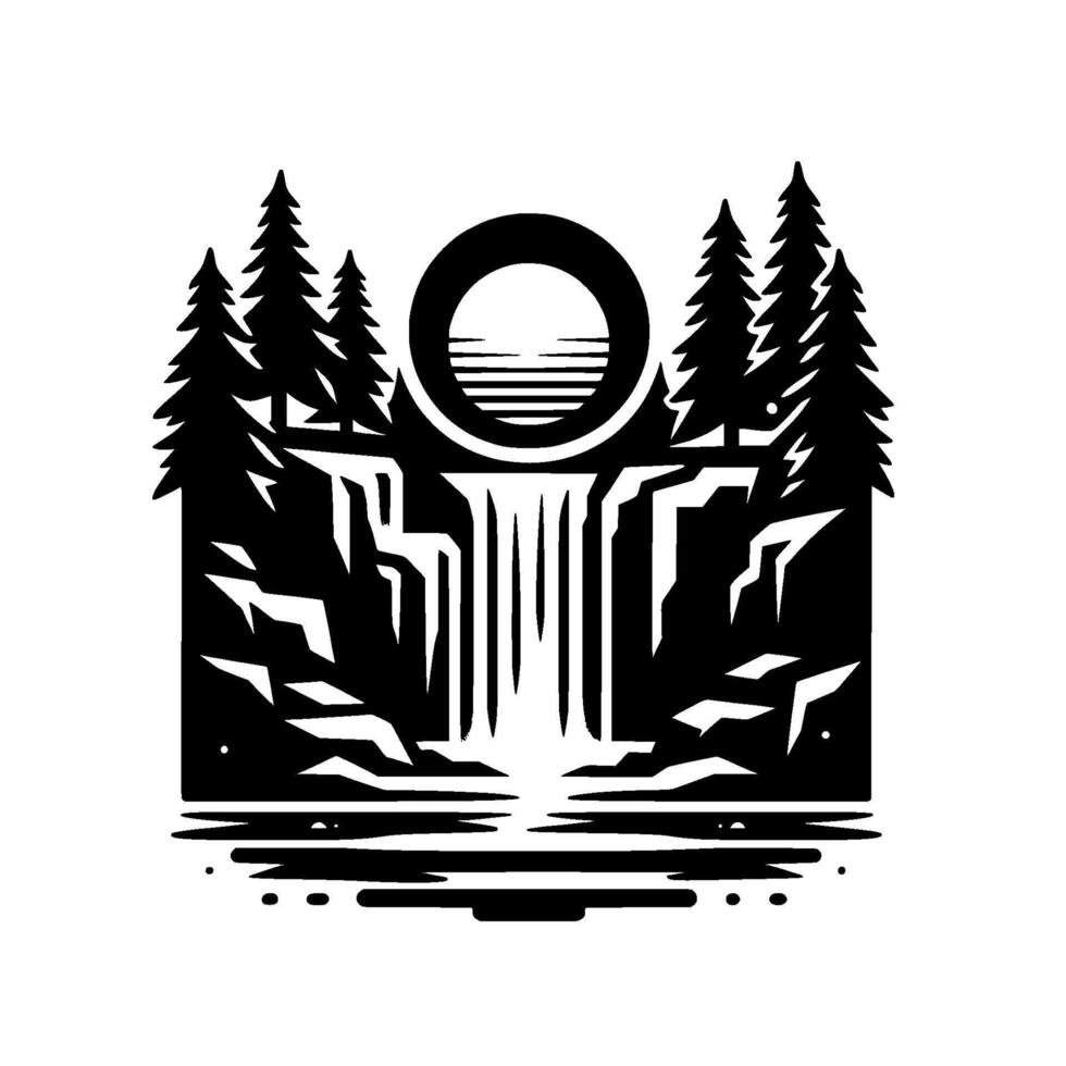 Serene Black and White Silhouette Waterfall Cascading from Circle, Framed by Pine Trees, Landscape. vector