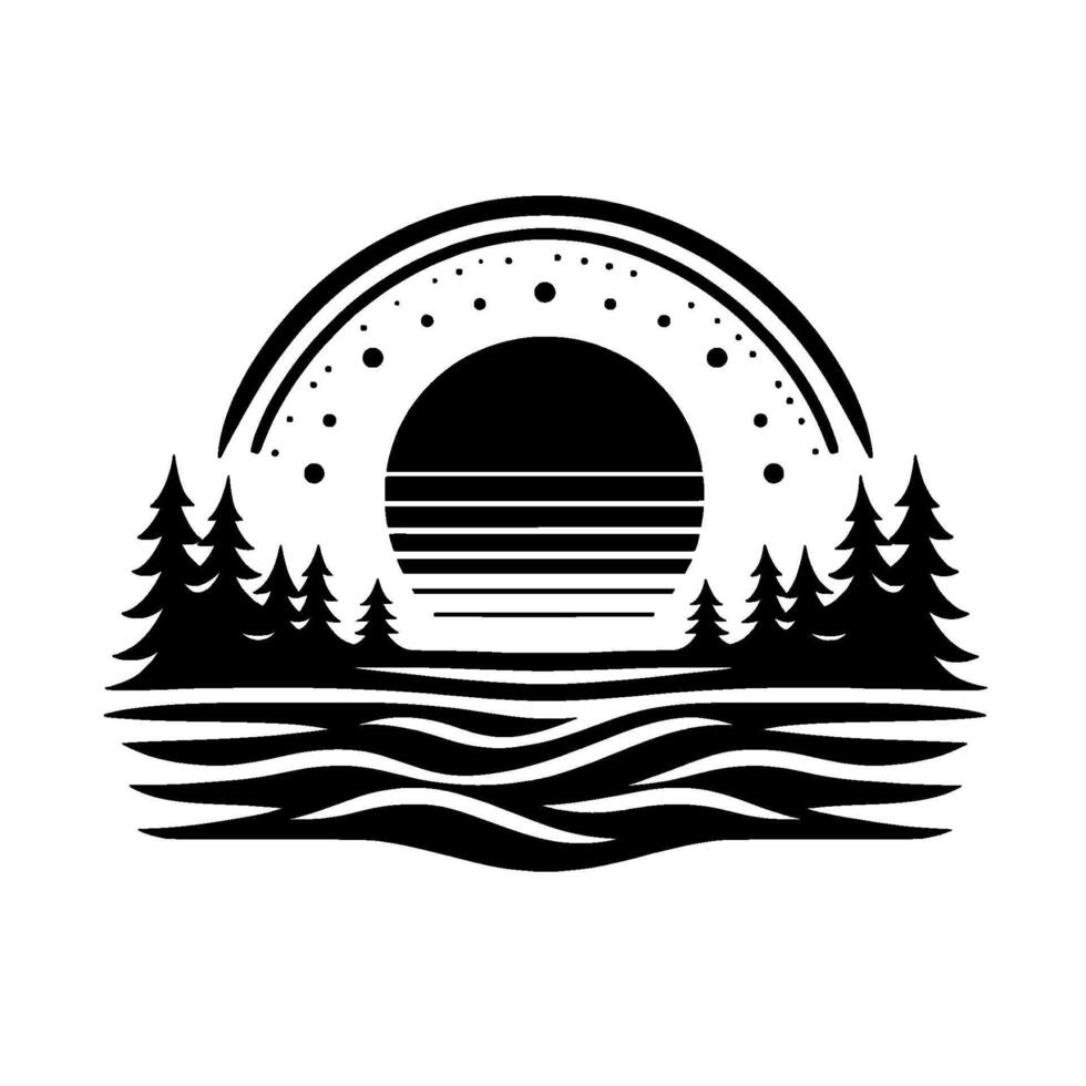 Stylized Black and White Landscape Geometric Sunset over Forest and Water with Dotted Arch. vector