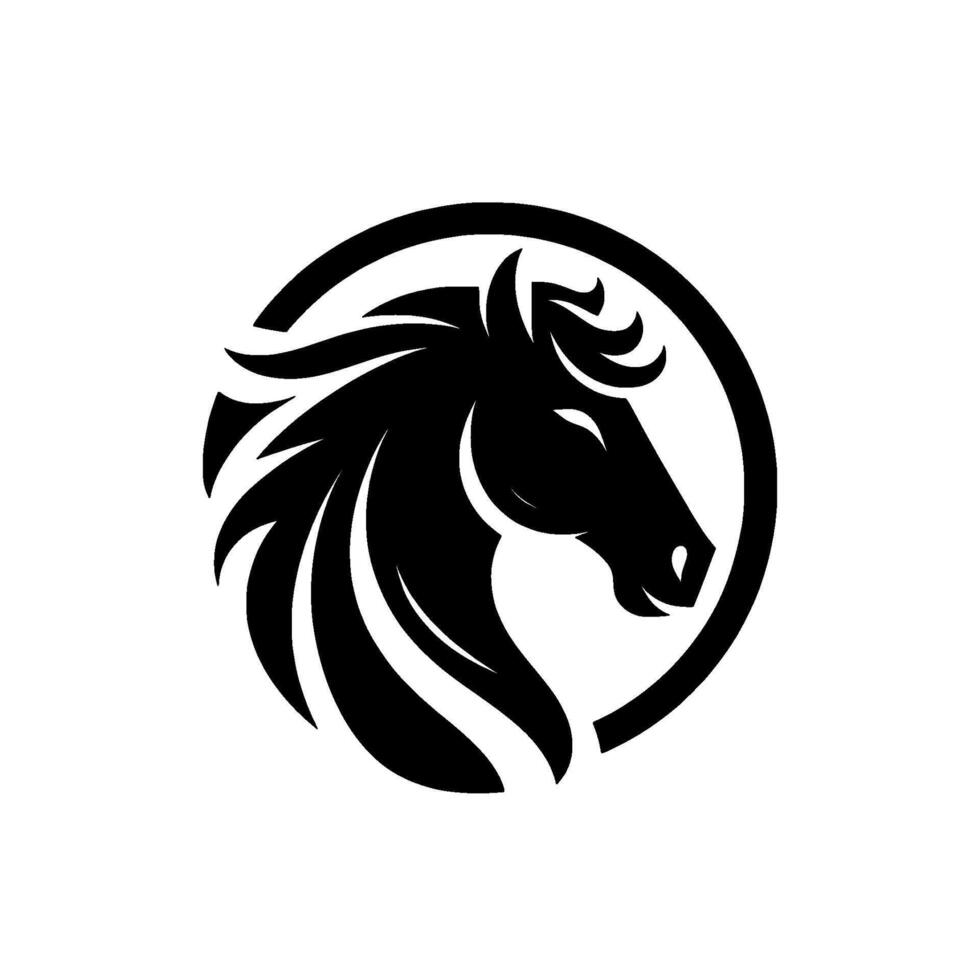 Black horse head silhouette within a circular frame, minimalist emblem on white background, elegant . vector
