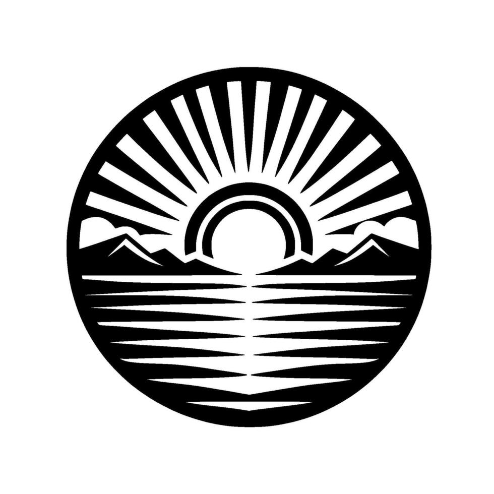 Black and white circular emblem depicting a sunrise or sunset over mountains and water, minimalist on a white background. vector