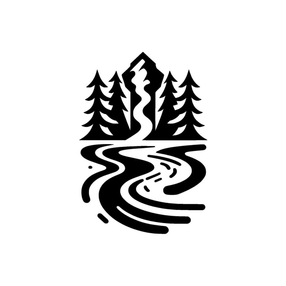 Stylized Black and White Mountain Landscape with River Reflection Trees, Peak, and Flowing Water with Mirror Symmetry. vector