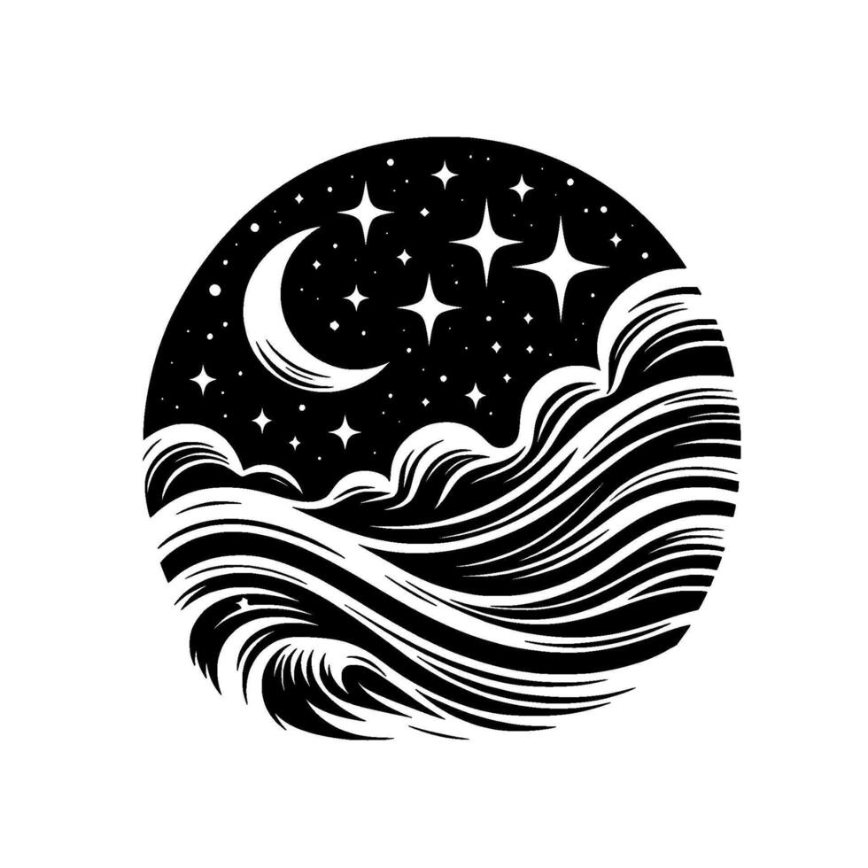 Black and White Celestial Circle Moon, Stars, and Sea Waves, A stylized illustration of a nocturnal marine scene inside a circular frame. vector