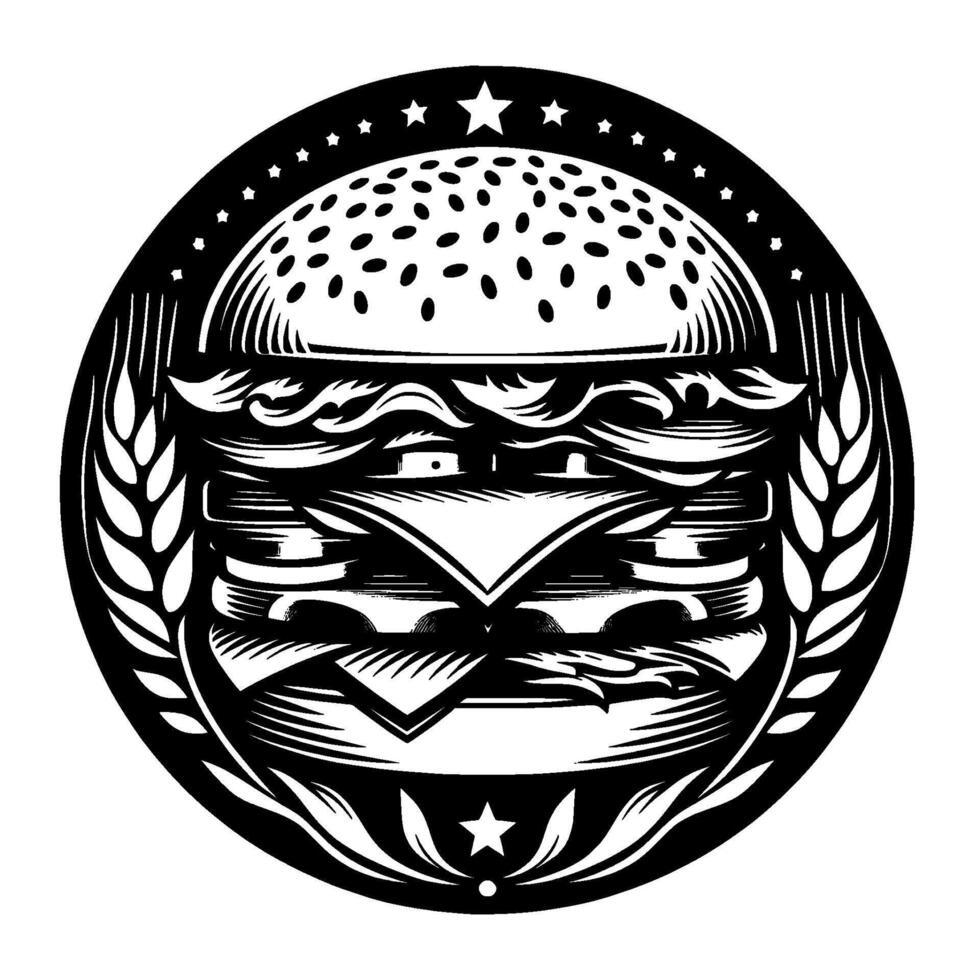 Black and white circular emblem of an intricately detailed hamburger, surrounded by wheat stalks and stars. vector