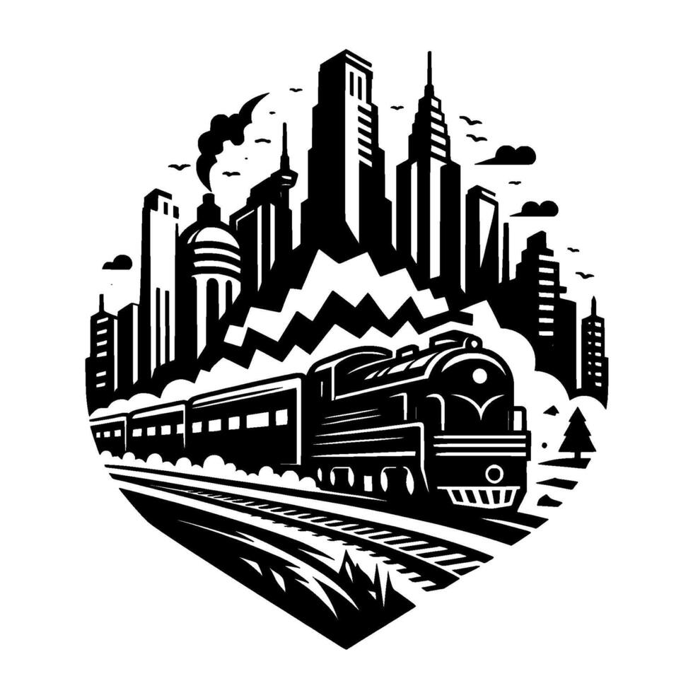 Black and white art deco illustration of a train journey, passing through a city skyline and mountain range, inside a stylized diamond. vector