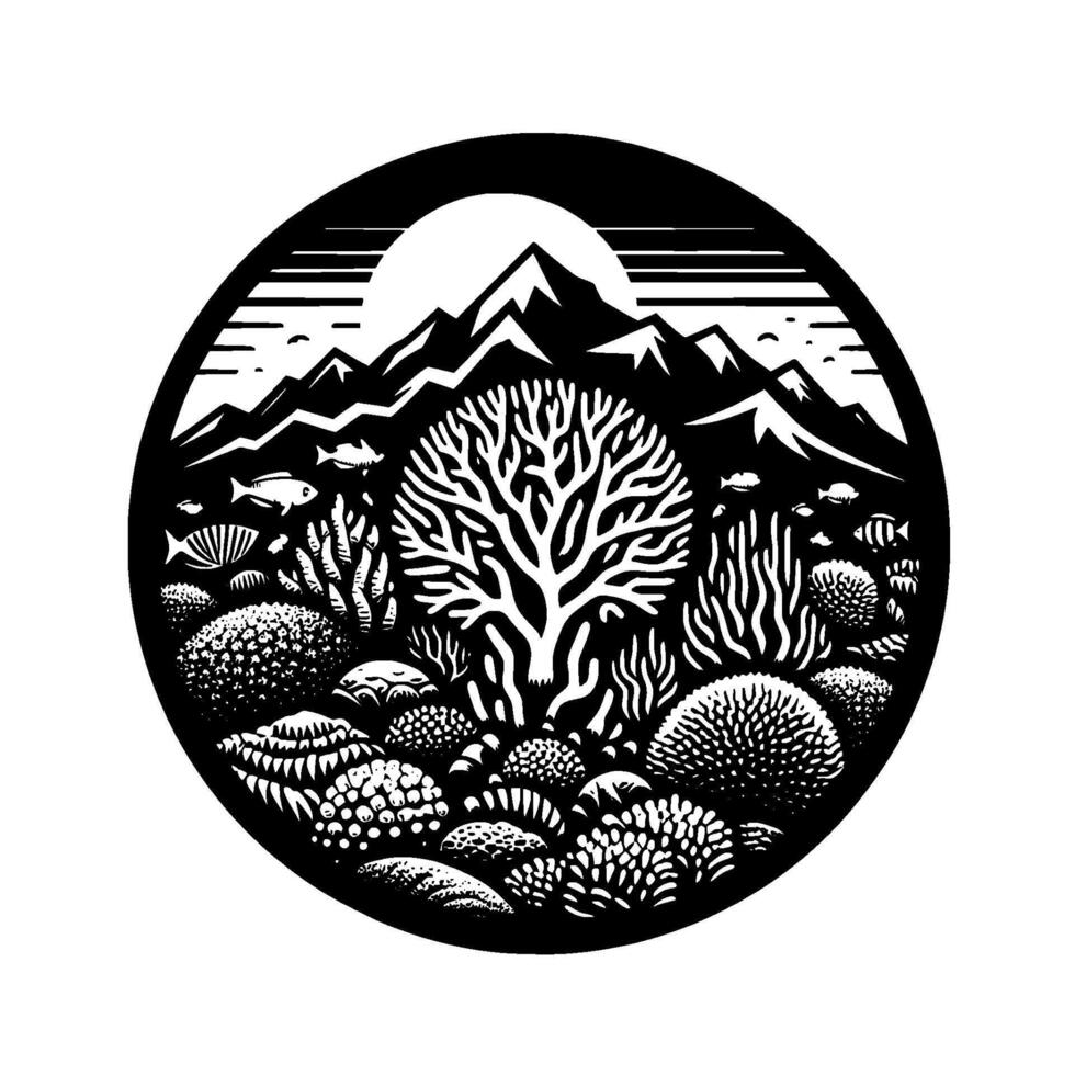 Black and white circular illustration merging mountain landscape with a marine environment, featuring a central tree and coral reef, framed by the sun. vector