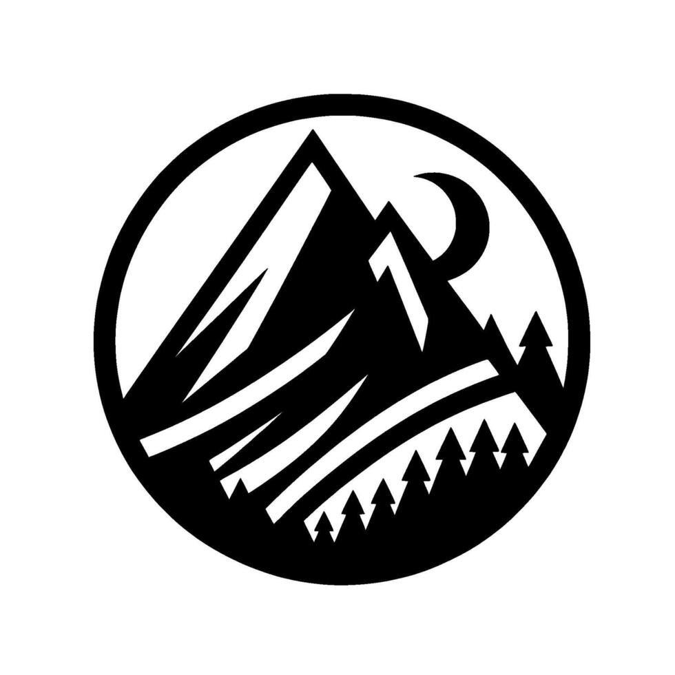 Minimalist black and white circular featuring a mountain range, moon, and pine trees. vector