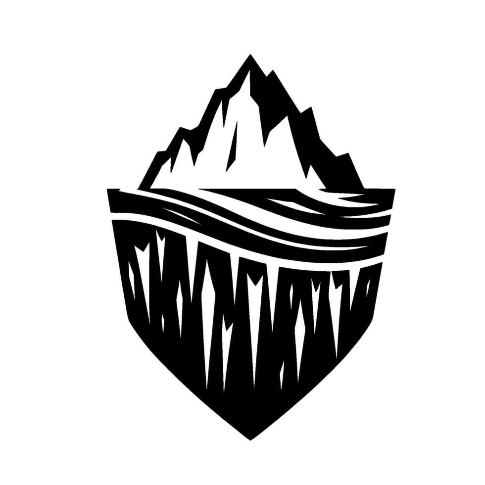 Bold Black and White Illustration of a Mountain Peak Emerging from Geometric Landscape Over Water, ShieldLike . vector