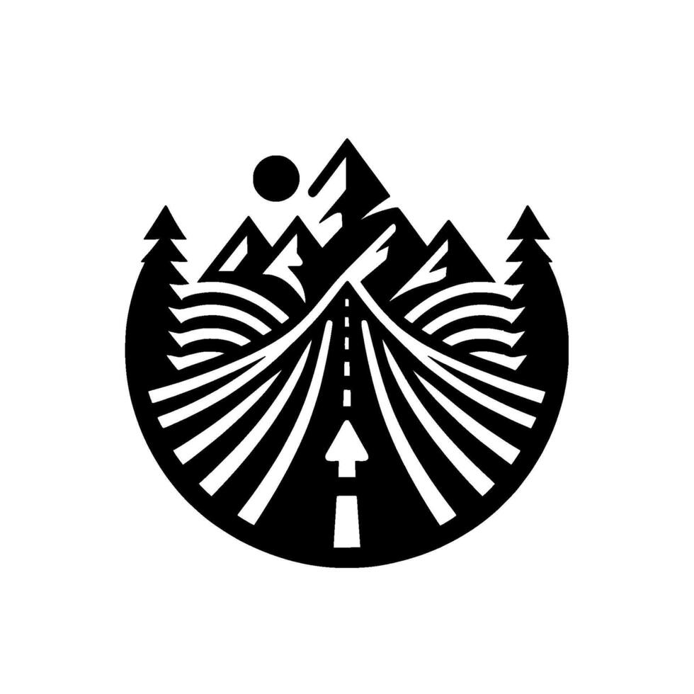 Black and white circular featuring a road leading through a stylized mountain range, with trees and a sun, evoking adventure. vector