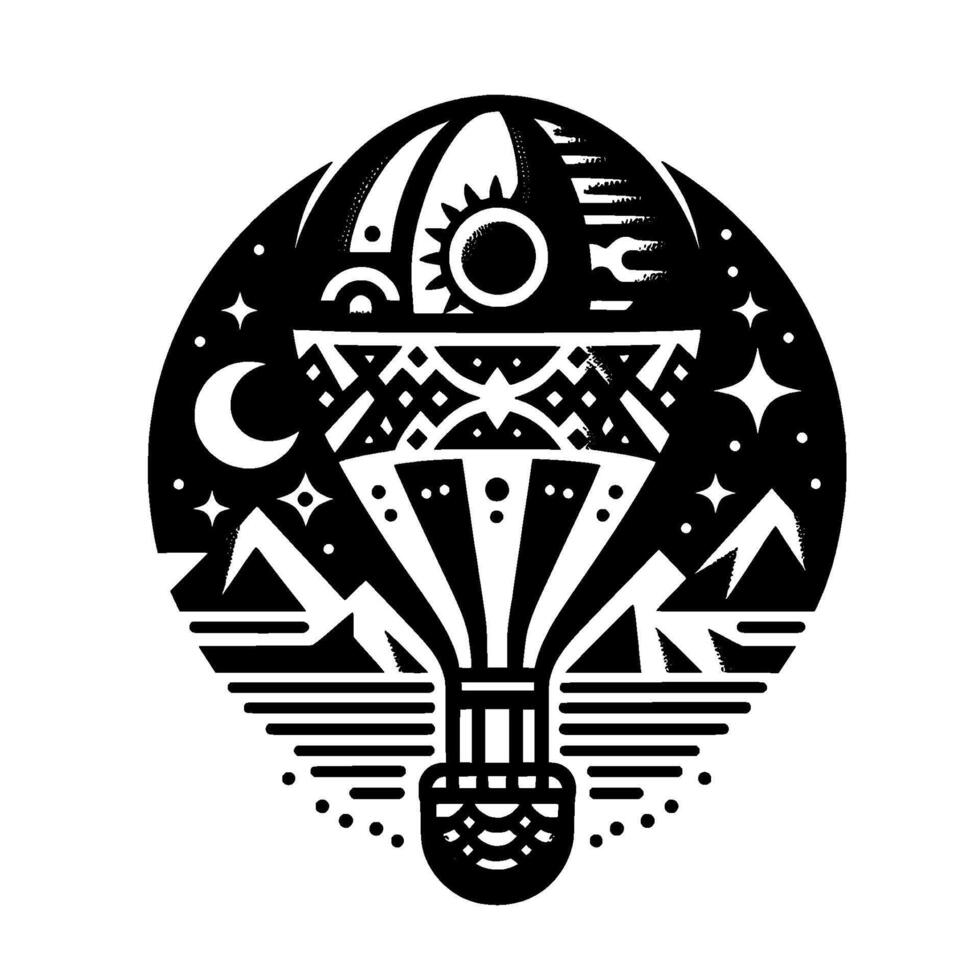 Black White Silhouette of a Hot Air Balloon with Celestial and Mountain Elements, Showcasing Day and Night in Geometric . vector