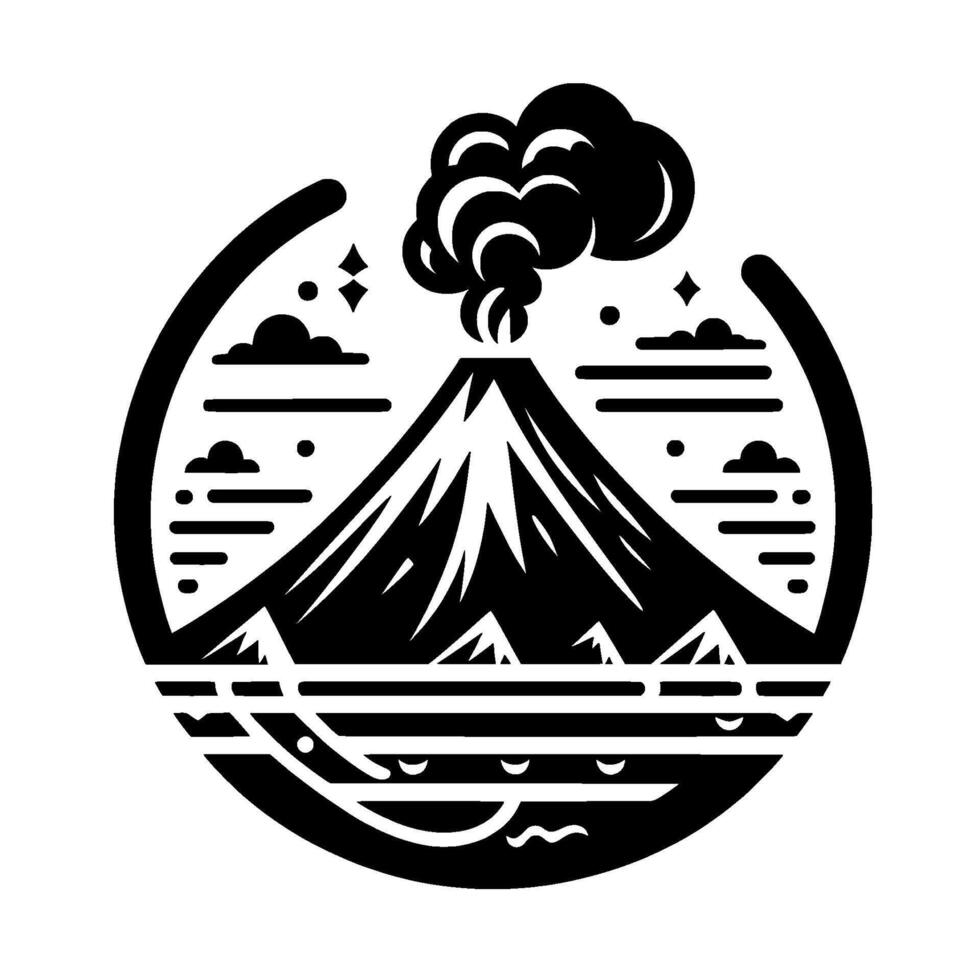 Stylized black and white volcanic landscape illustration within a circular frame depicting an erupting volcano amidst stylized clouds, stars, and sea. vector