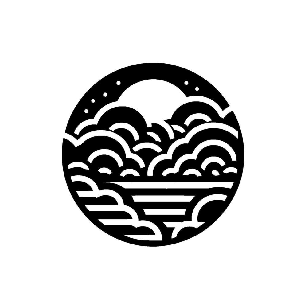 Stylized Black and White Minimalist Landscape Sunset over Cloudy Horizon in Circular Frame, Decorative Abstract vector