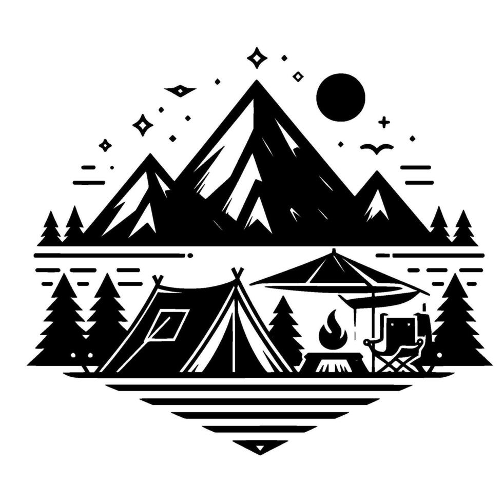 A stylized black and white mountain camping scene with tent, campfire, and a sun, conveying tranquility. vector