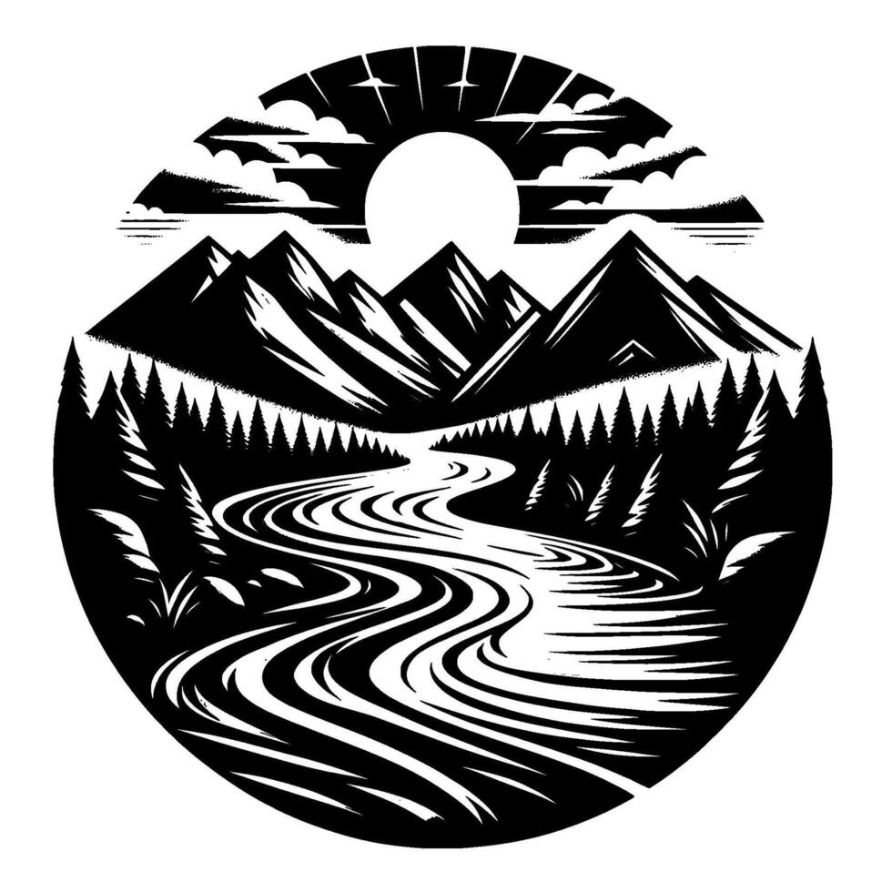 A stylized black and white circular landscape depicts a river winding through a forest towards majestic mountain peaks under a sunlit sky. vector