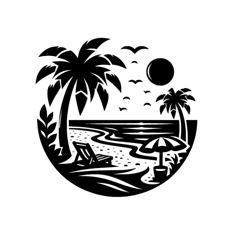 Black and white circular beach scene with palm trees, sun, birds, chair, umbrella, bucket, waves, and sand, evoking relaxation. vector