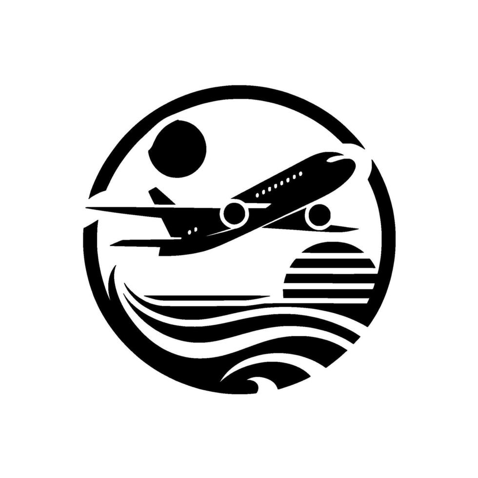 Circular Black and White Illustration Depicting a Jet Airplane Taking Off Over Waves and SunsetSunrise. vector